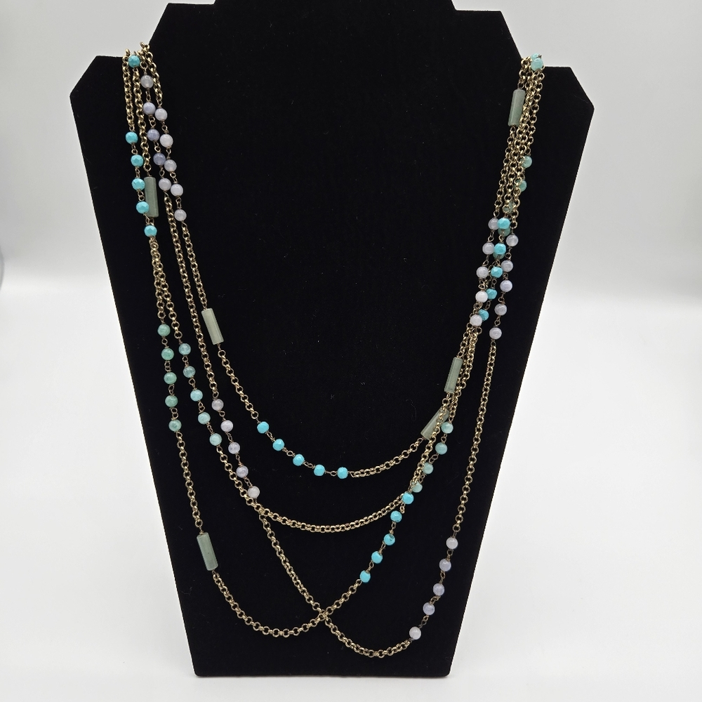 Long 4 Tier Strand Bead Gold Tone Chain Necklace Adjustable Braided Tie Closure